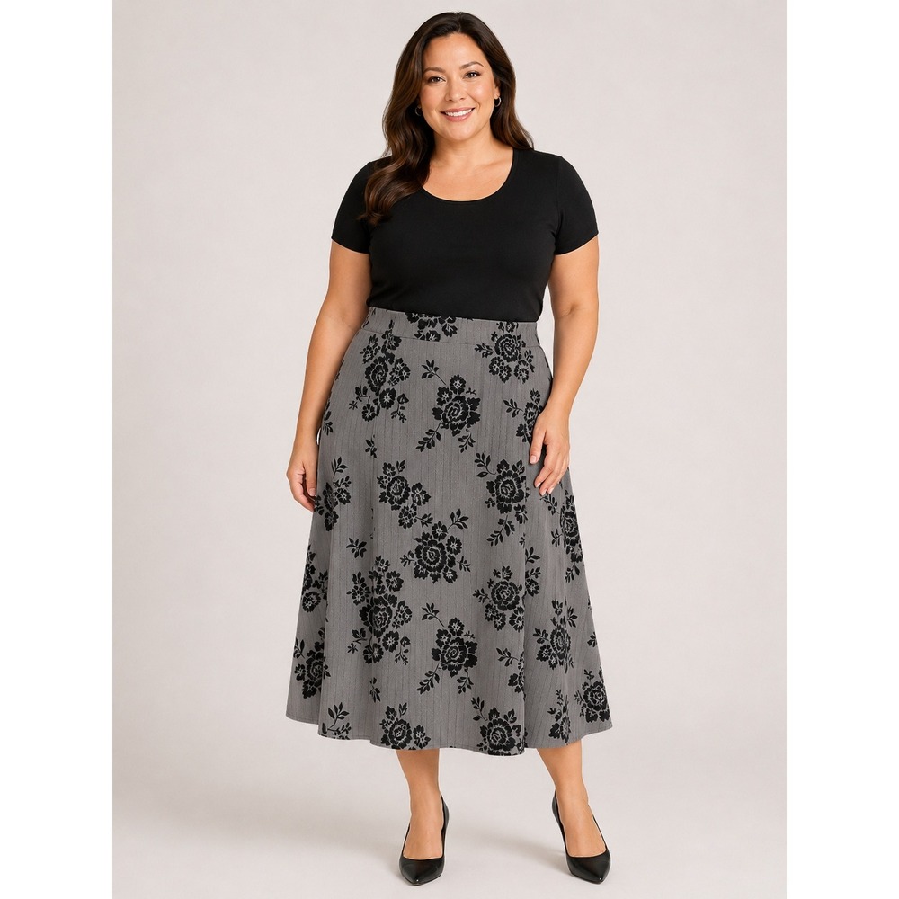 Gray Black Velvet Floral Midi Skirt sz. 18W Flocked‎ Skirt Academia Goth Y2K 90s